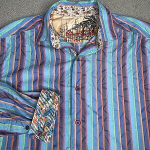 Robert Graham Shirt Mens M Multicolor Stripe Long Sleeve Flip Cuff Embroidered